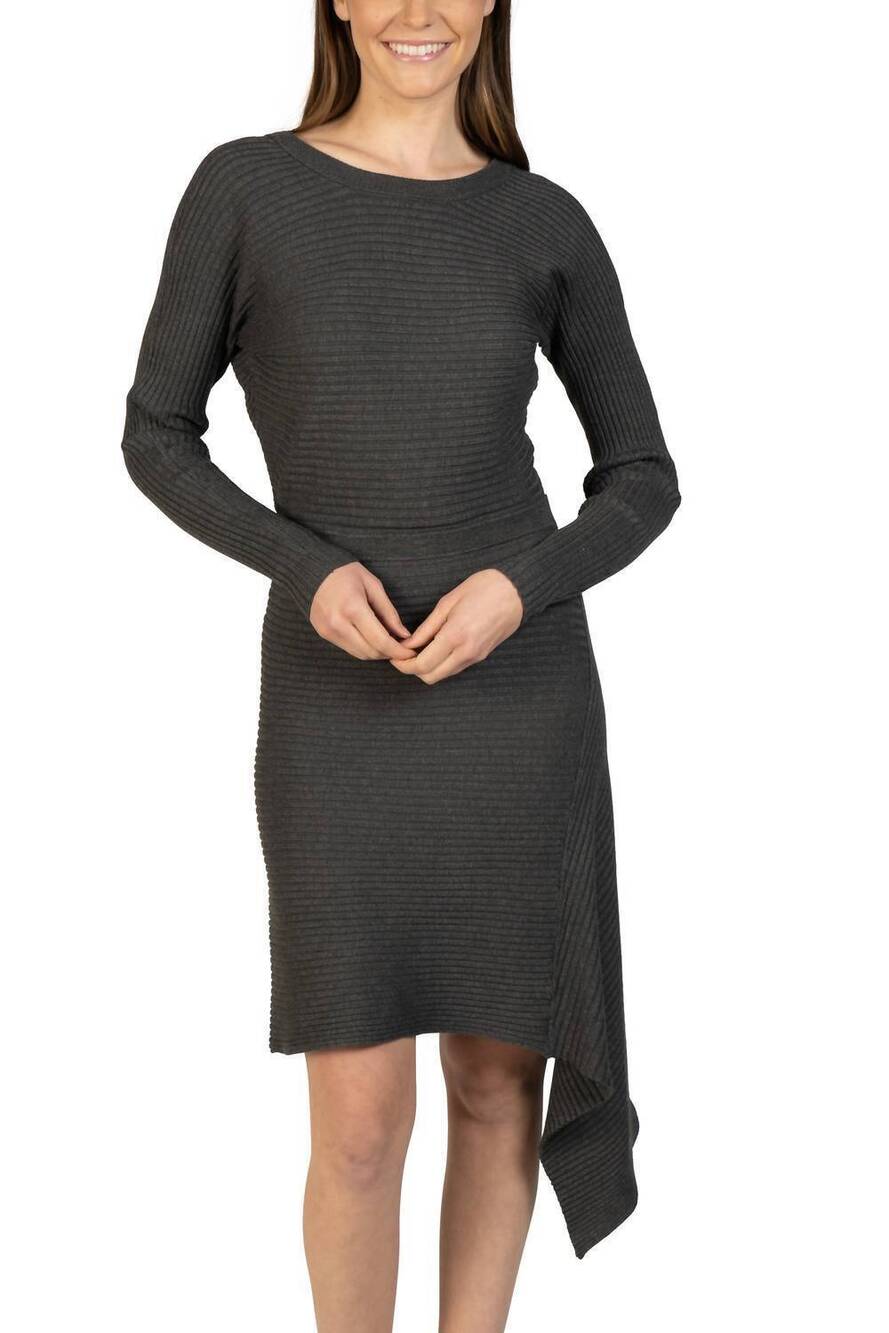 NEW LOVE TOKEN asymmetrical knit sweater dress in charcoal